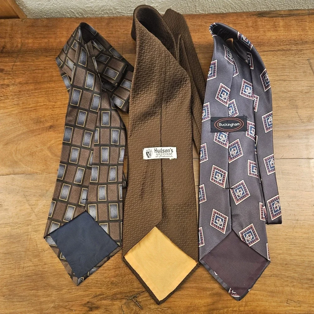 Vintage Men's Ties Lot Of‎ 3 Brown Geometric Hudsons Buckingham Polyester Silk